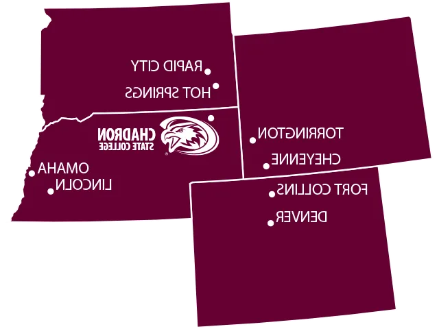 Nebraska, South Dakota, Wyoming, 和 Colorado state outlines with Chadron marked